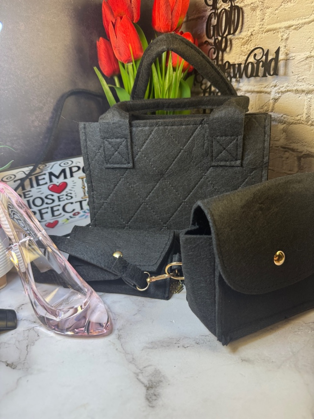 Girls Black Felt Quilted Tote and Crossbody Bag Set-3in 1